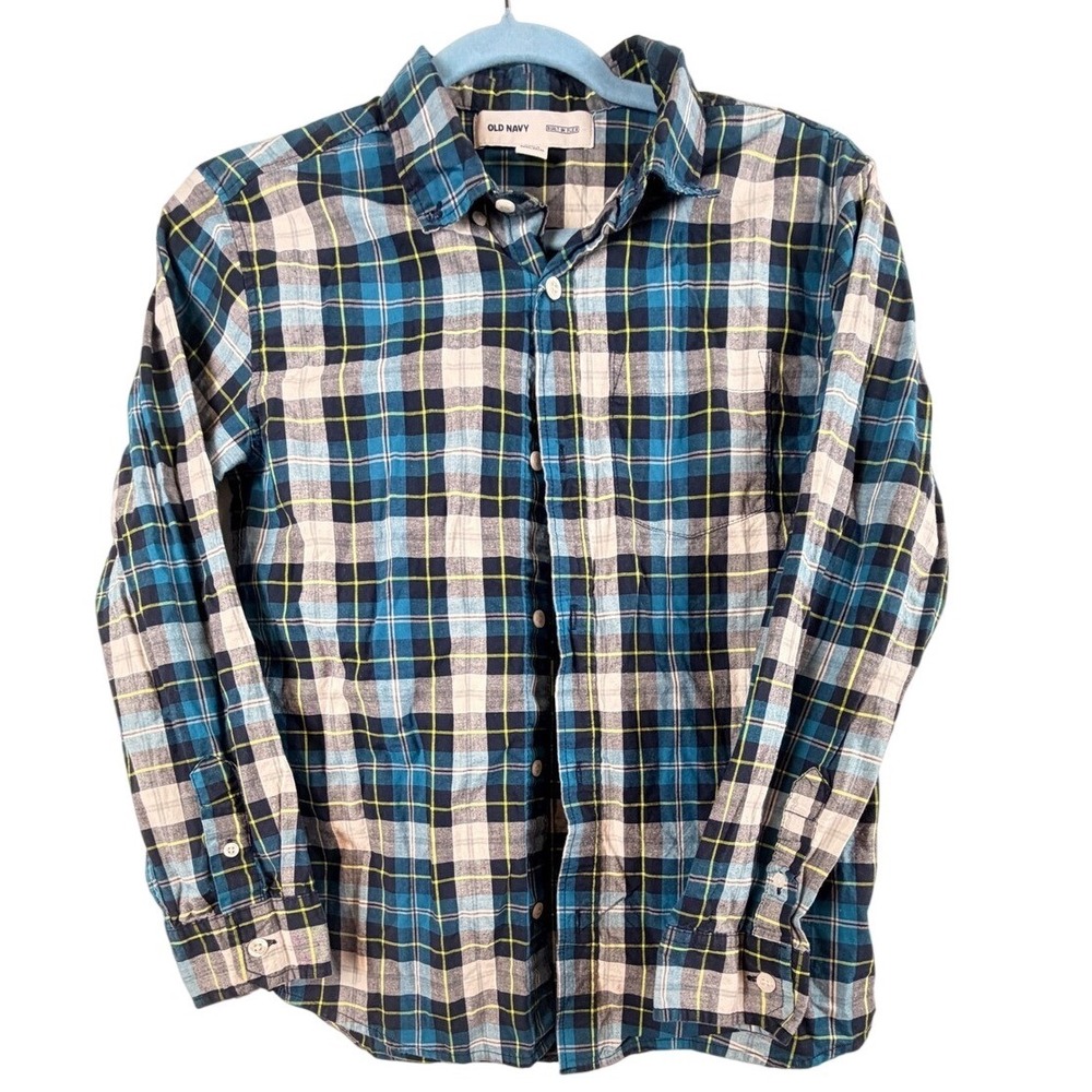 Old Navy Boys XL 14-16 Plaid ButtonDown Shirt Blue Yellow Built-In Flex Long Slv